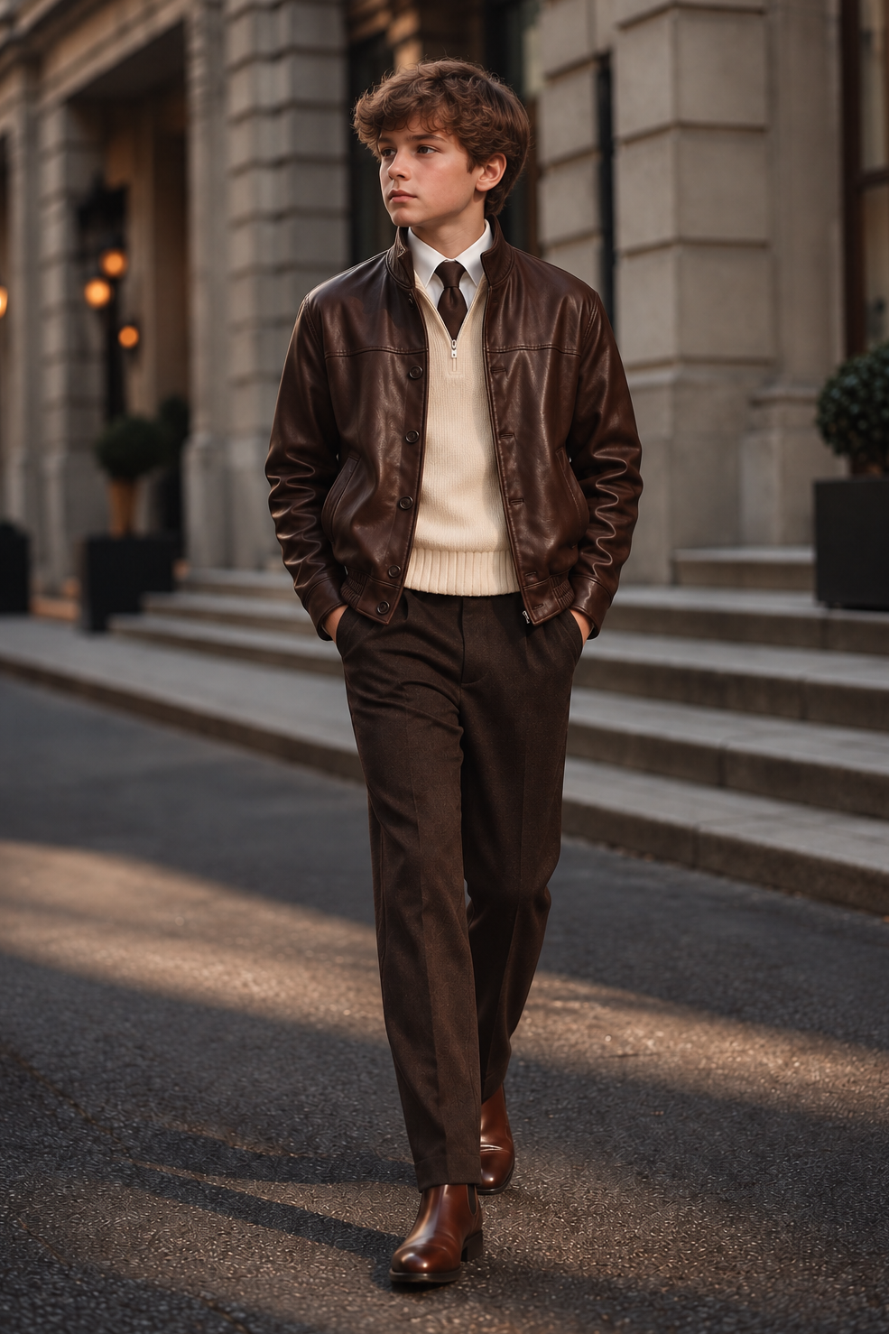 Dark Brown PU Leather Stand Collar 2 Piece Formal Suit Set