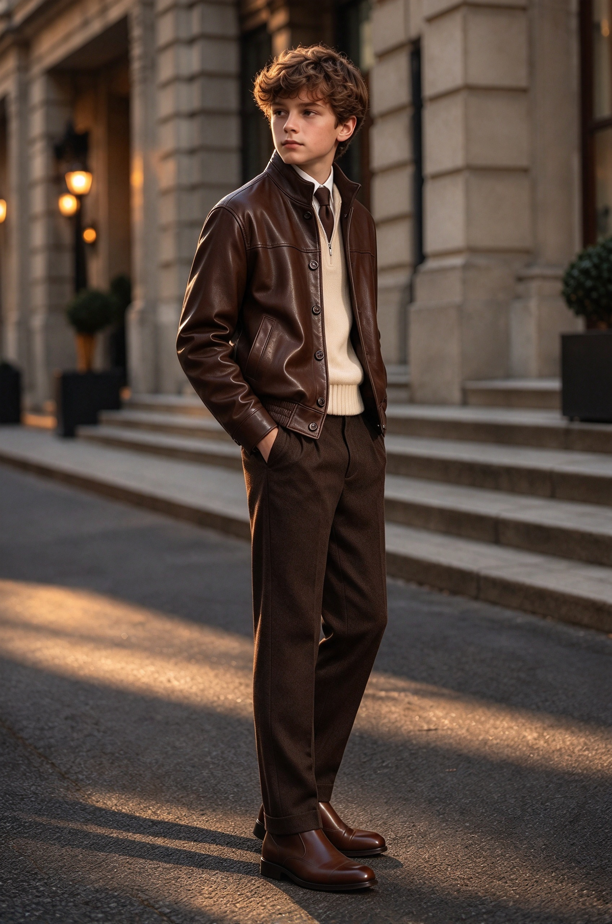Dark Brown PU Leather Stand Collar 2 Piece Formal Suit Set
