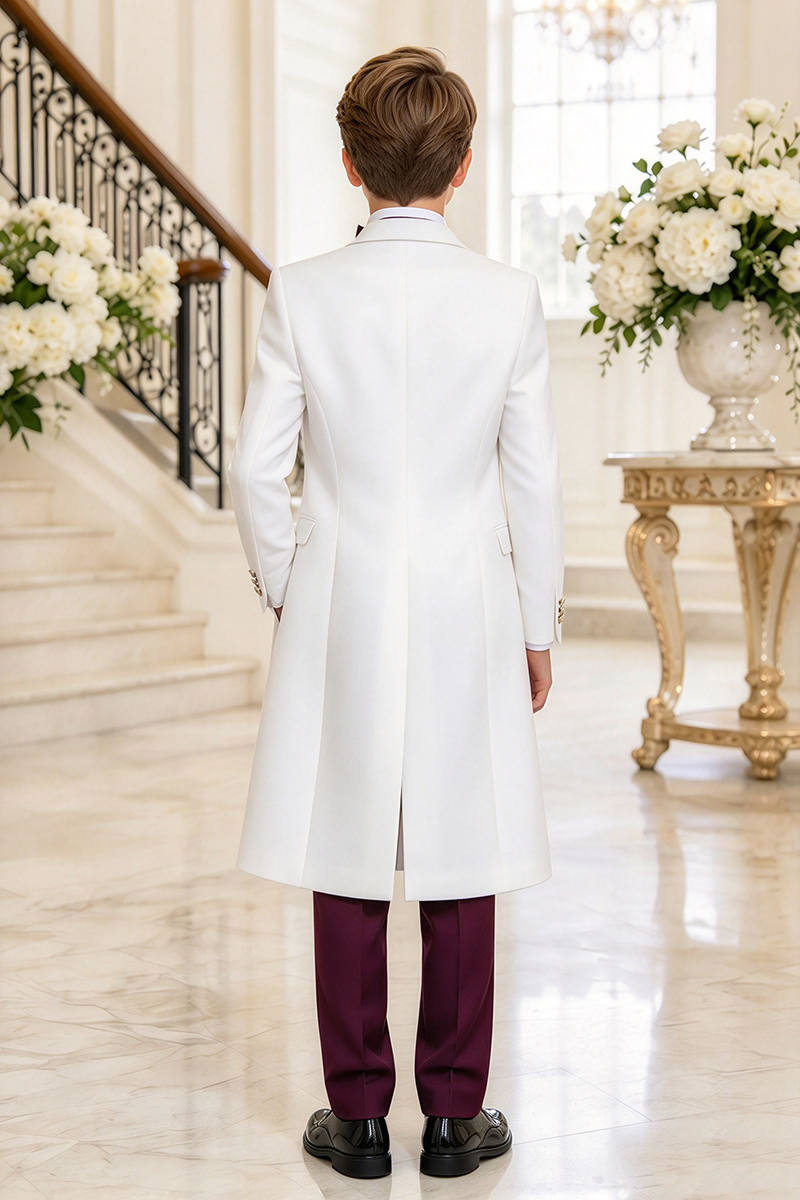 Boys White Tuxed with Burgundy Lapel 3-Piece Suit