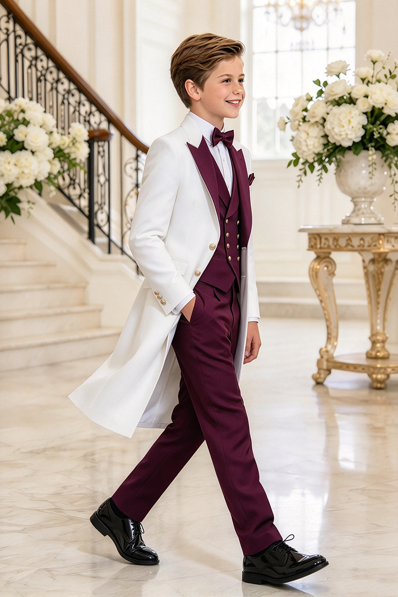 Boys White Tuxed with Burgundy Lapel 3-Piece Suit