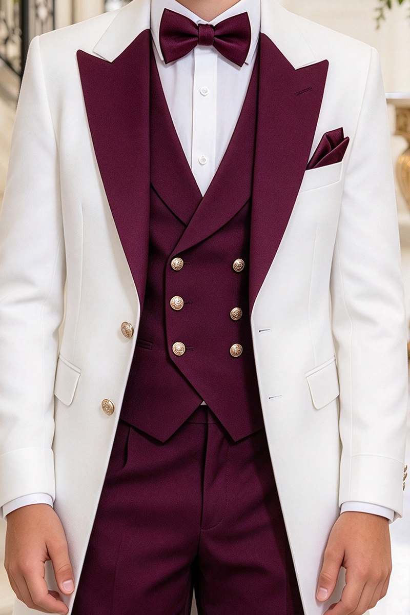 Boys White Tuxed with Burgundy Lapel 3-Piece Suit