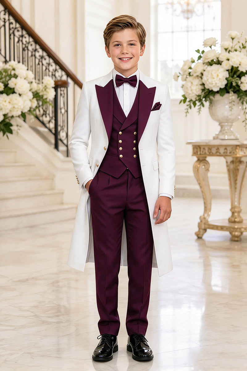 Boys White Tuxed with Burgundy Lapel 3-Piece Suit