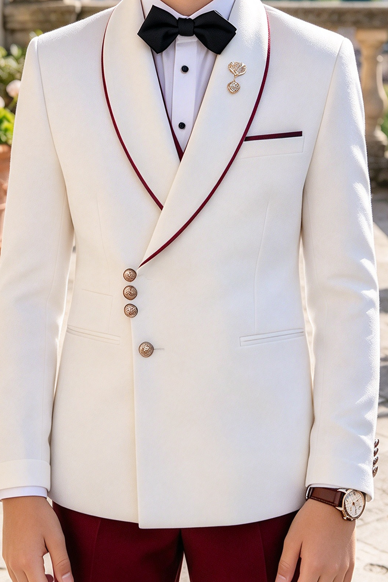Boys White with Burgundy Shawl Lapel 2-Piece Suit