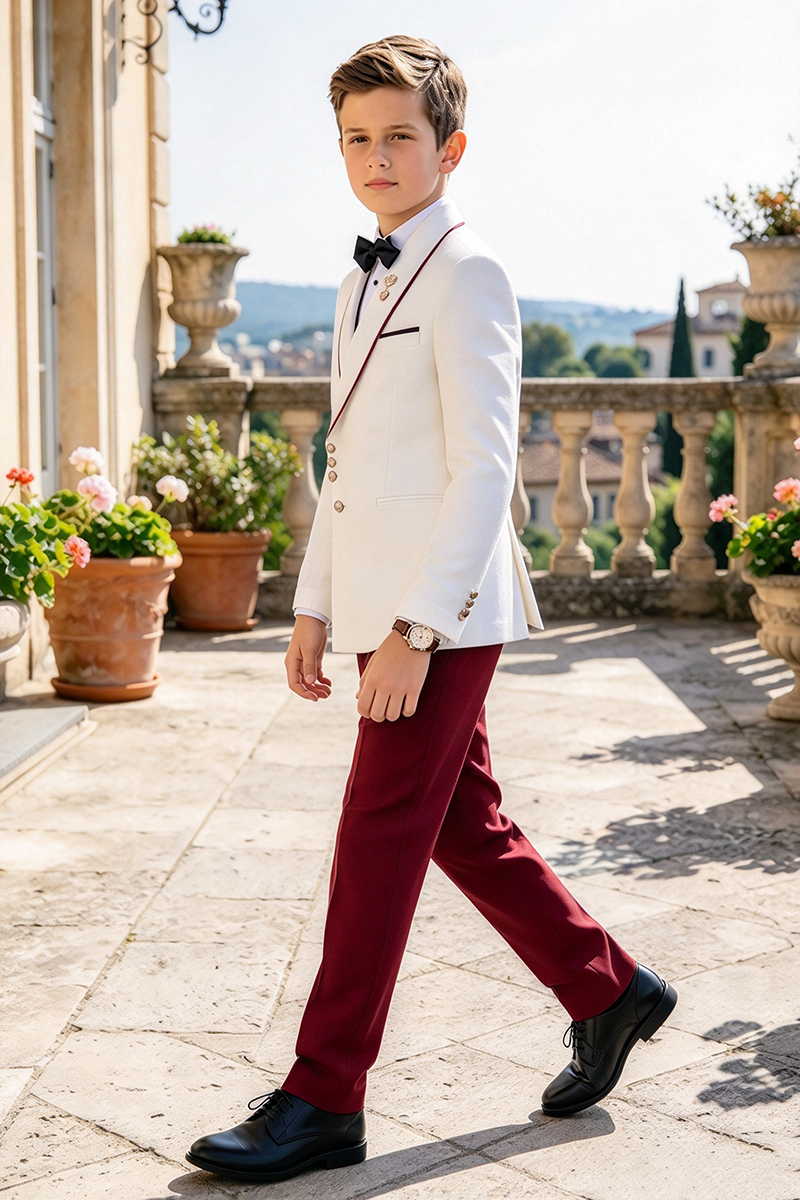 Boys White with Burgundy Shawl Lapel 2-Piece Suit