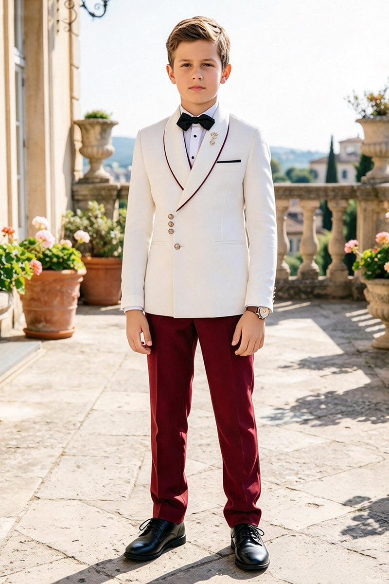 Boys White with Burgundy Shawl Lapel 2-Piece Suit