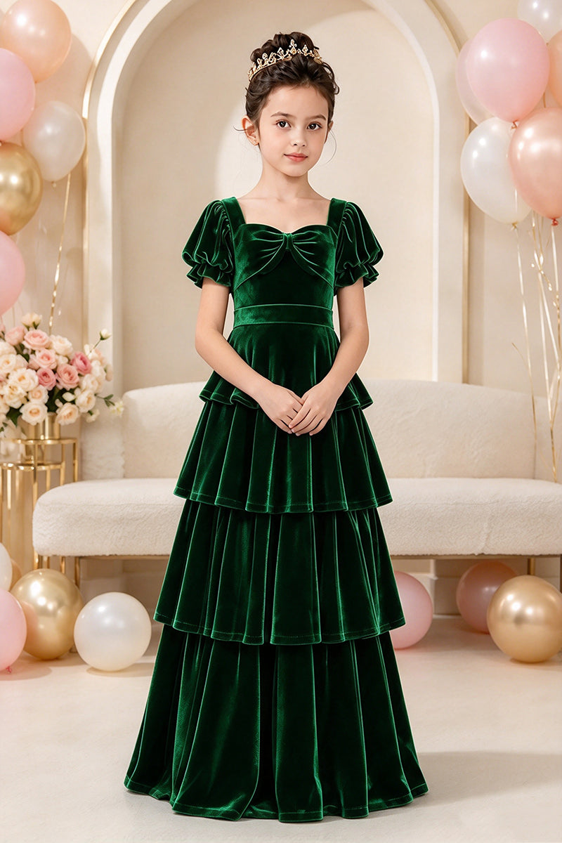 Girls Green Velvet Tiered Dress