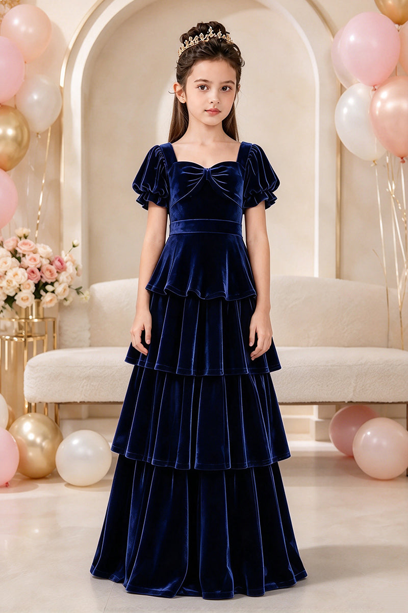 Girls Green Velvet Tiered Dress