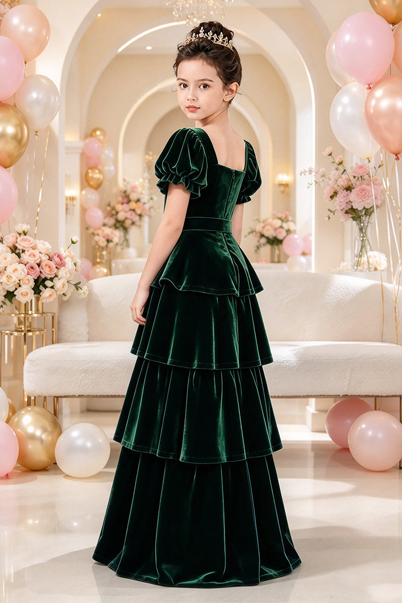 Girls Green Velvet Tiered Dress