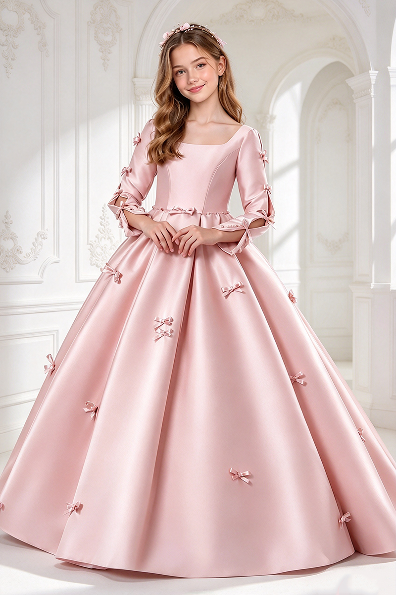 Girls Pink Satin Dress with Square Neck Bows