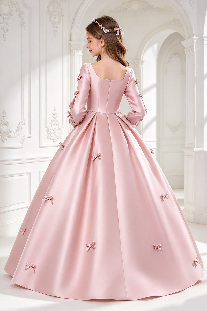 Girls Pink Satin Dress with Square Neck Bows