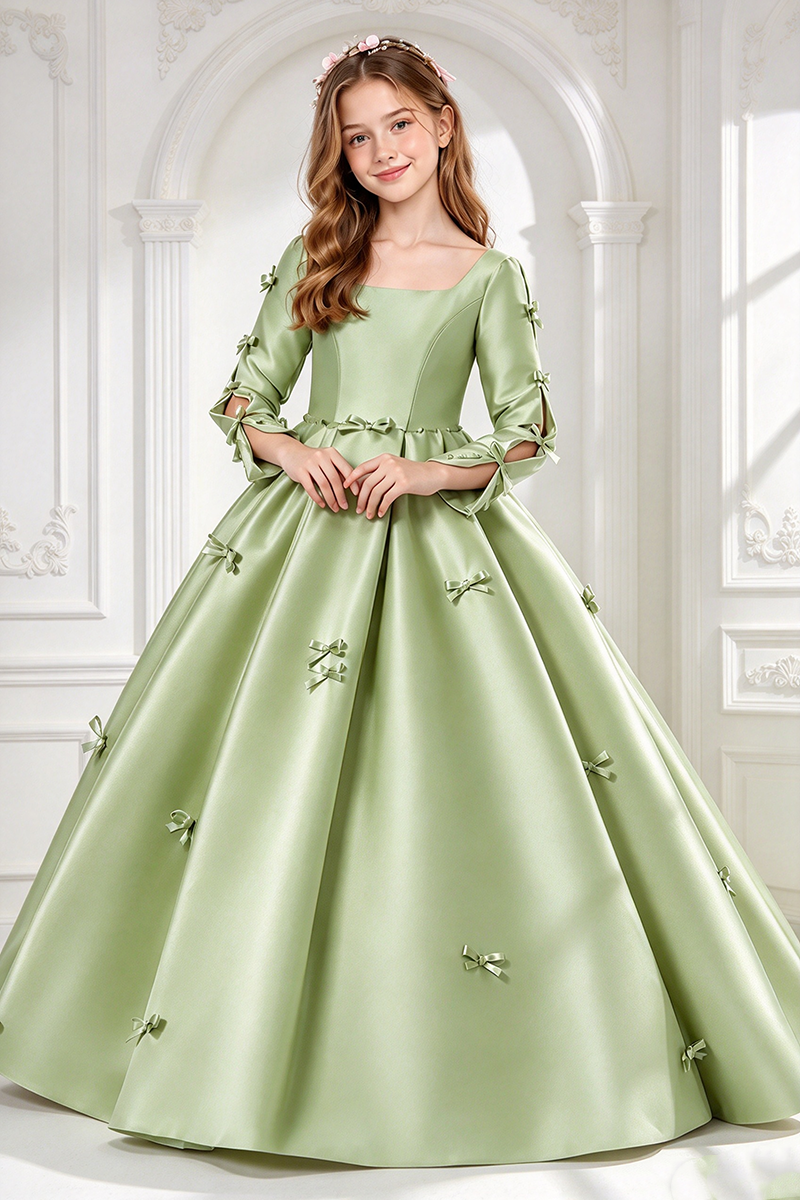 Girls Pink Satin Dress with Square Neck Bows