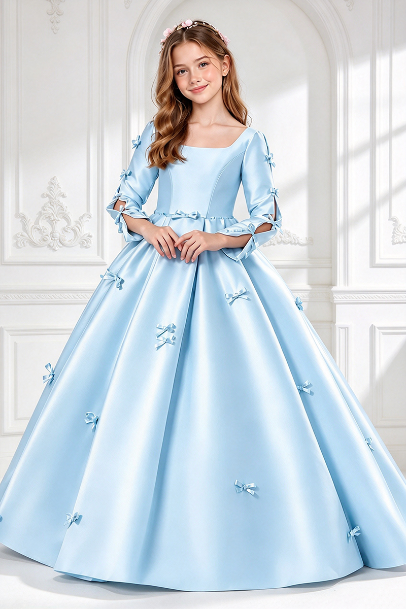 Girls Pink Satin Dress with Square Neck Bows