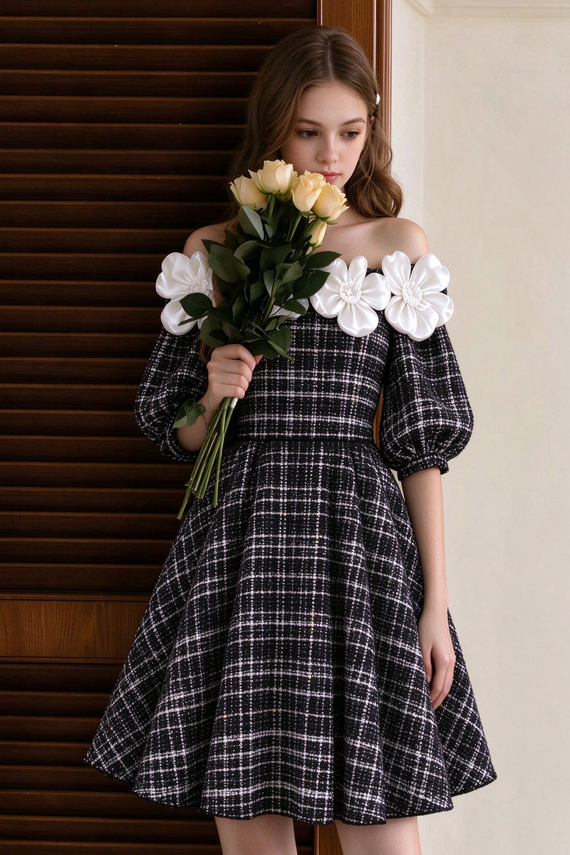 Black And White Tweed A-line Flower Girl Dress