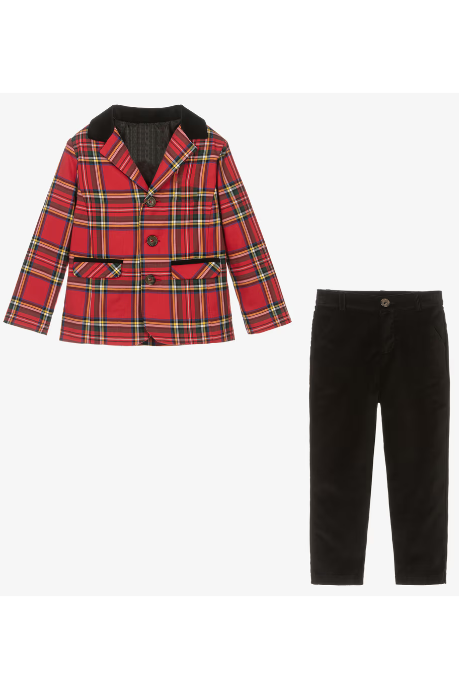Red Tartan Plaid & Black Velvet Lapel 2-Piece Suit Set