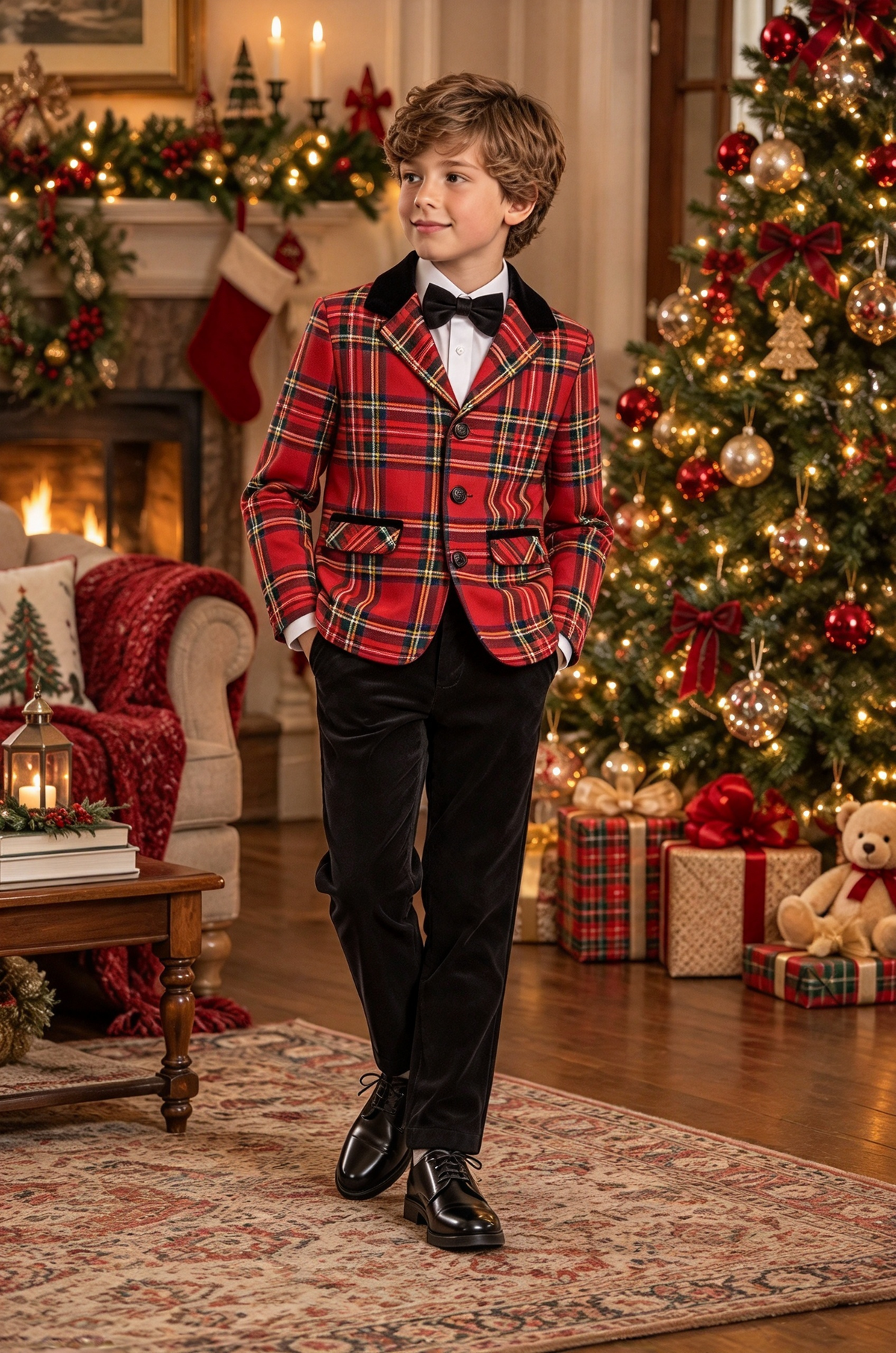 Red Tartan Plaid & Black Velvet Lapel 2-Piece Suit Set