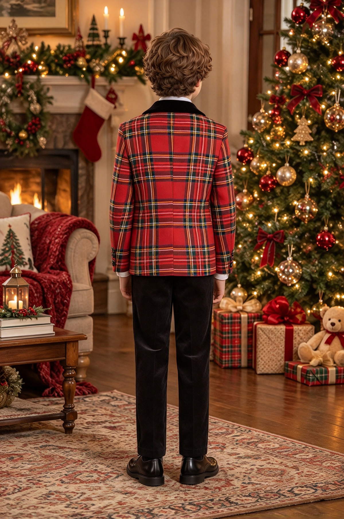 Red Tartan Plaid & Black Velvet Lapel 2-Piece Suit Set