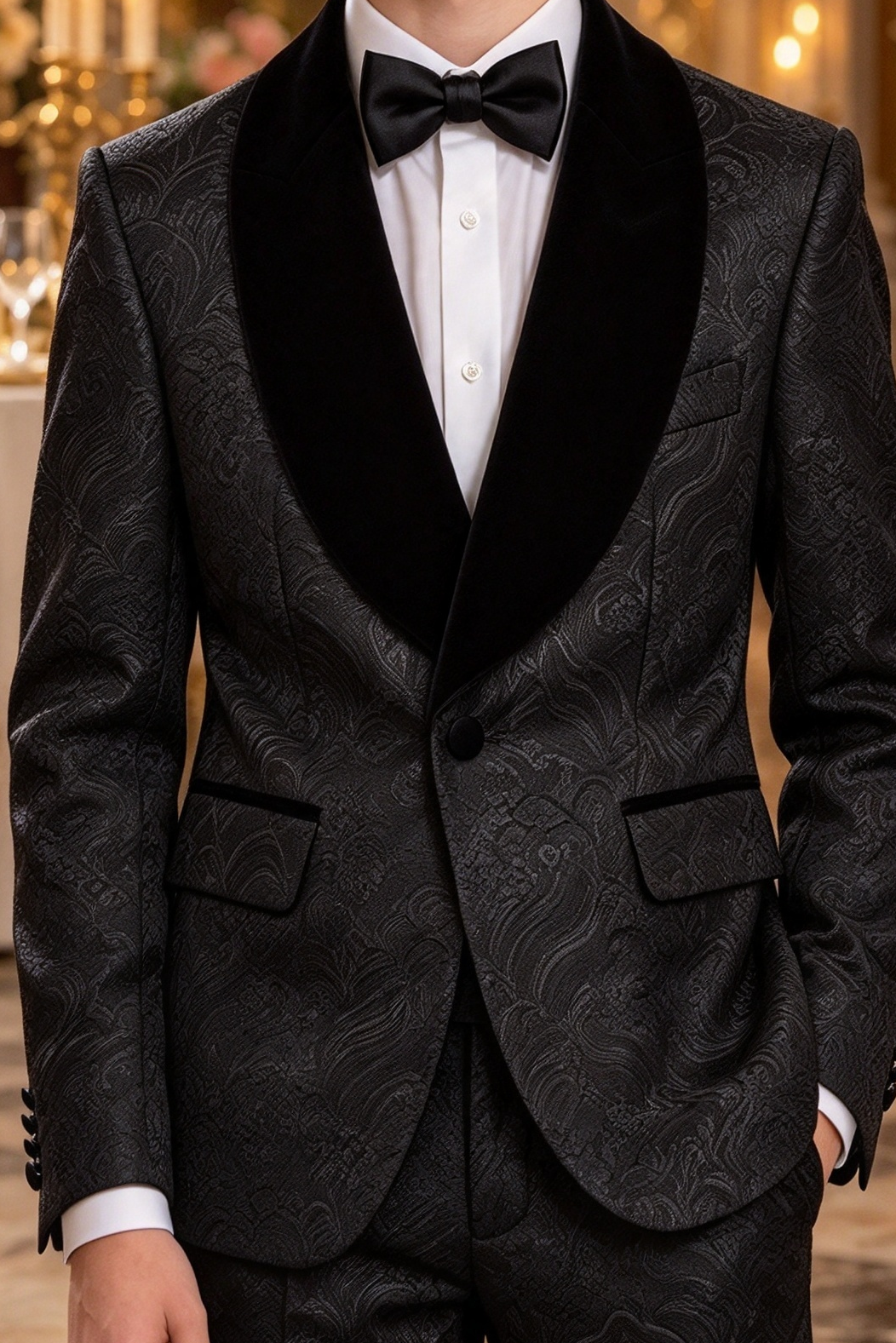 Black Jacquard Tuxedo 2-Piece Suit with Velvet Lapel