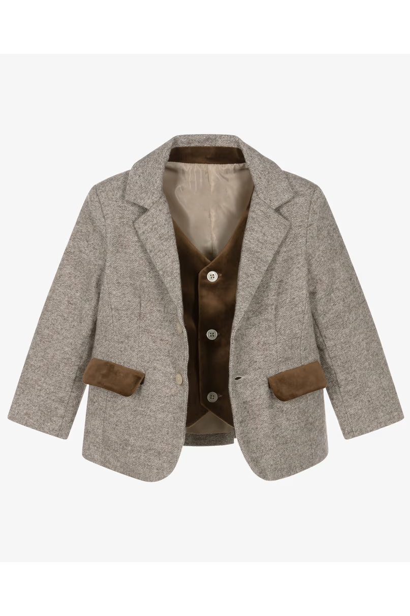 Oat Herringbone & Brown Velvet Single Breasted 3 Piece Suit Set