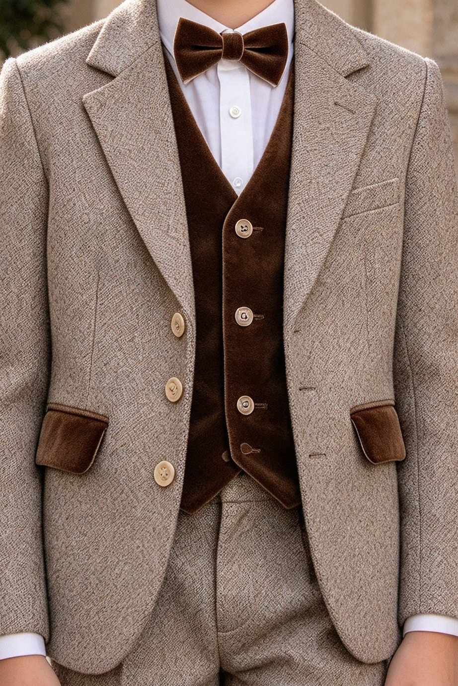 Oat Herringbone & Brown Velvet Single Breasted 3 Piece Suit Set