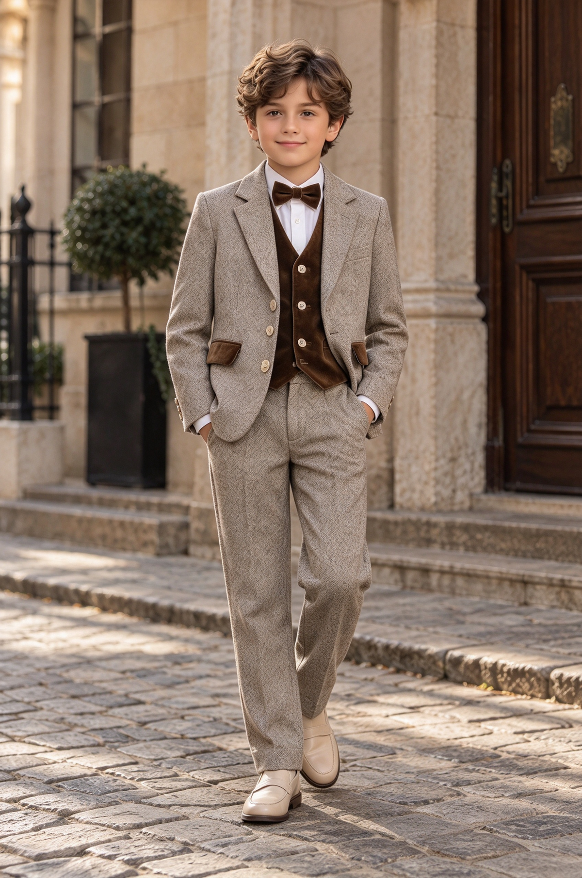 Oat Herringbone & Brown Velvet Single Breasted 3 Piece Suit Set