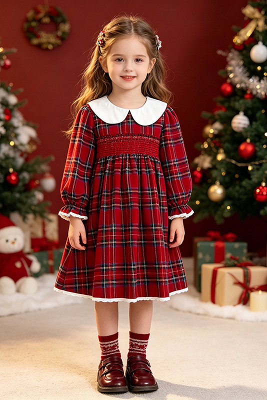 Red Green Plaid Lace Trim A-Line Party Dress