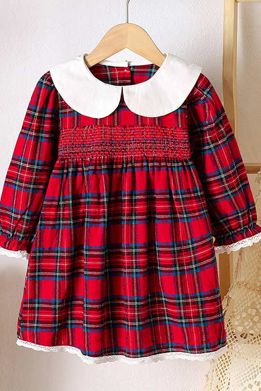 Red Green Plaid Lace Trim A-Line Party Dress