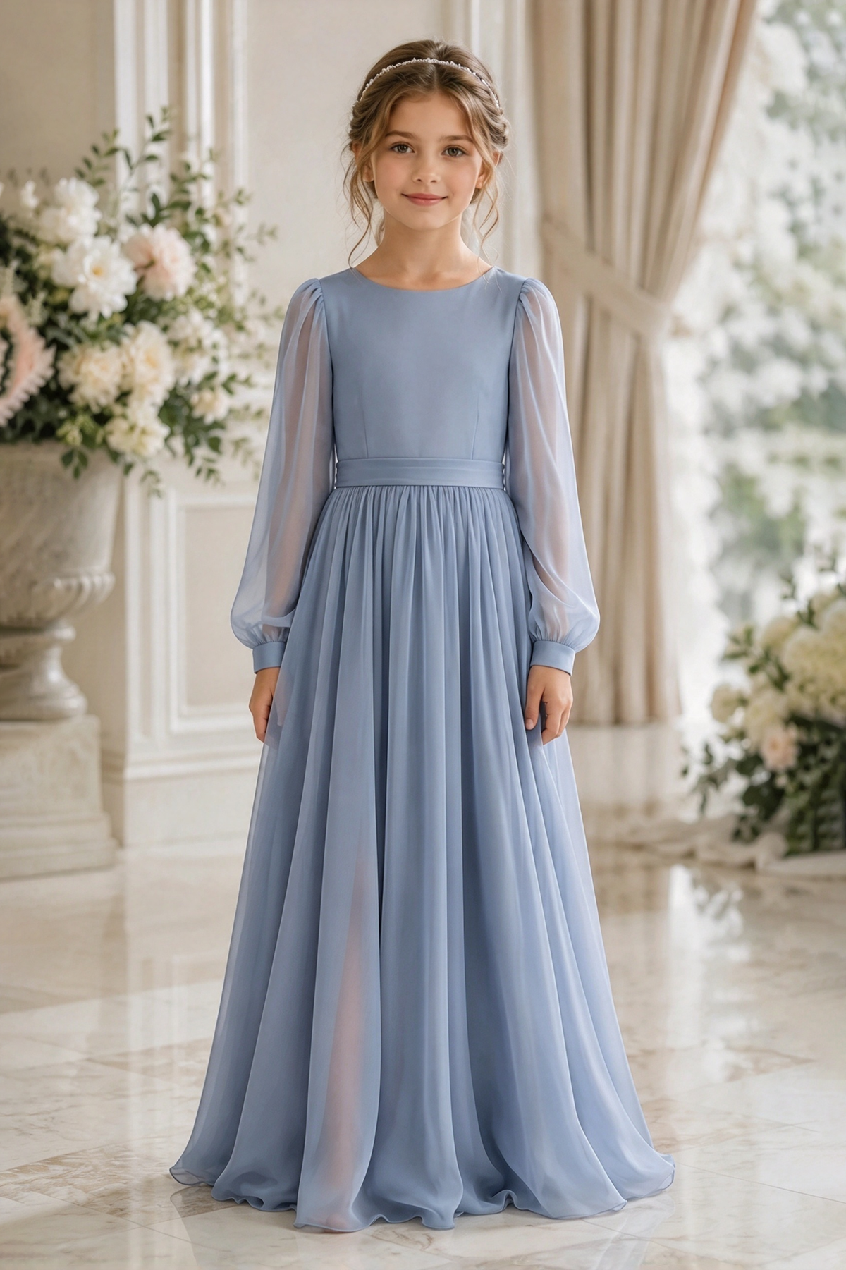 Dusty Blue Chiffon Puff Sleeve A-Line Flower Girl Dress