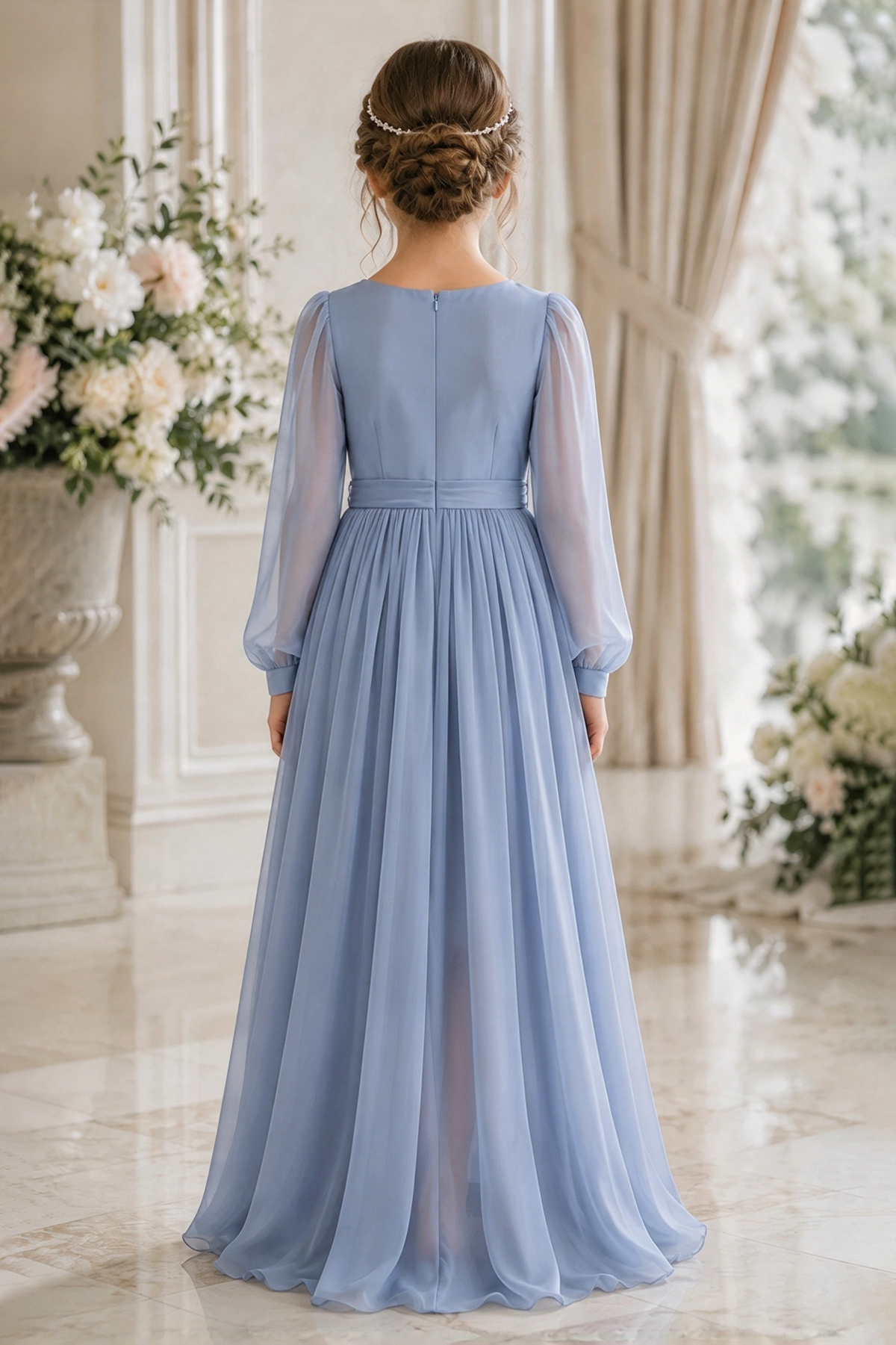 Dusty Blue Chiffon Puff Sleeve A-Line Flower Girl Dress