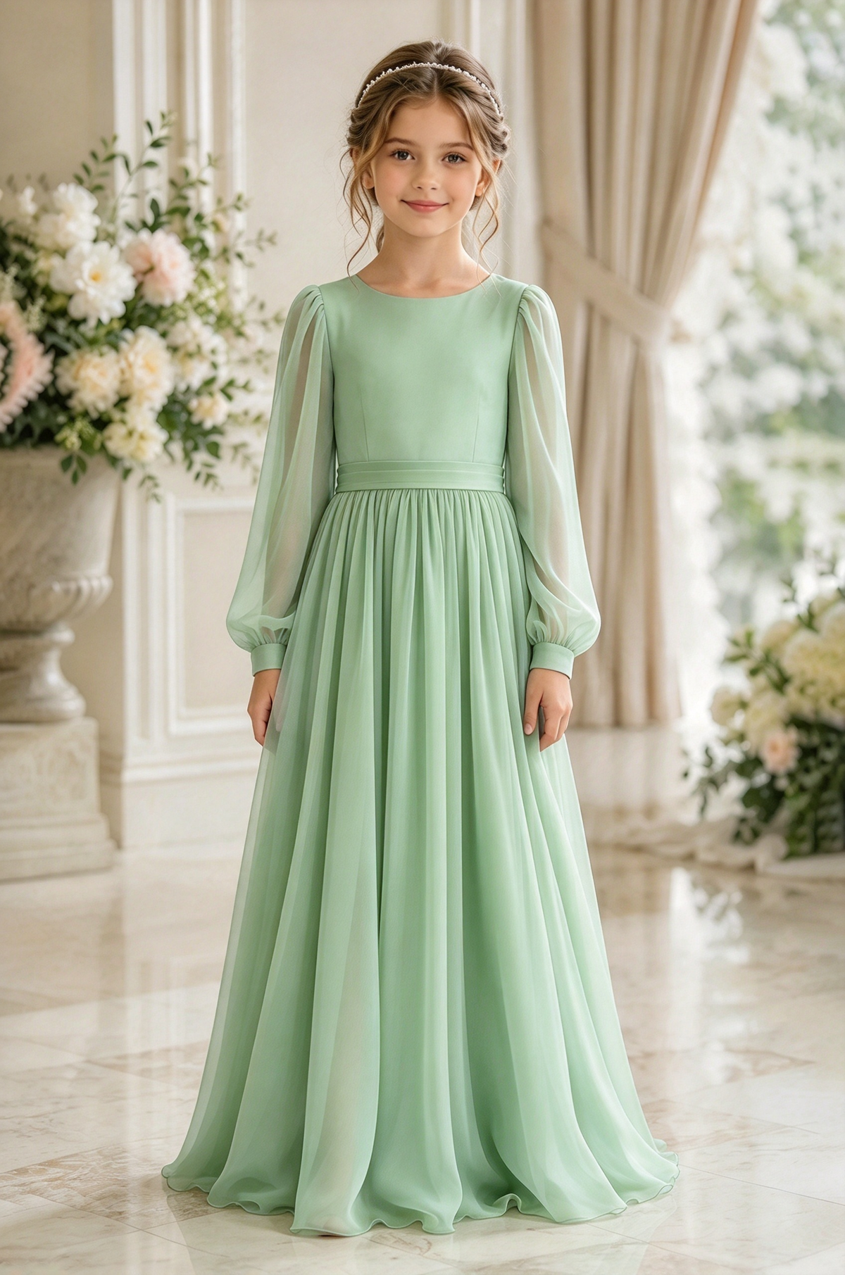 Dusty Blue Chiffon Puff Sleeve A-Line Flower Girl Dress