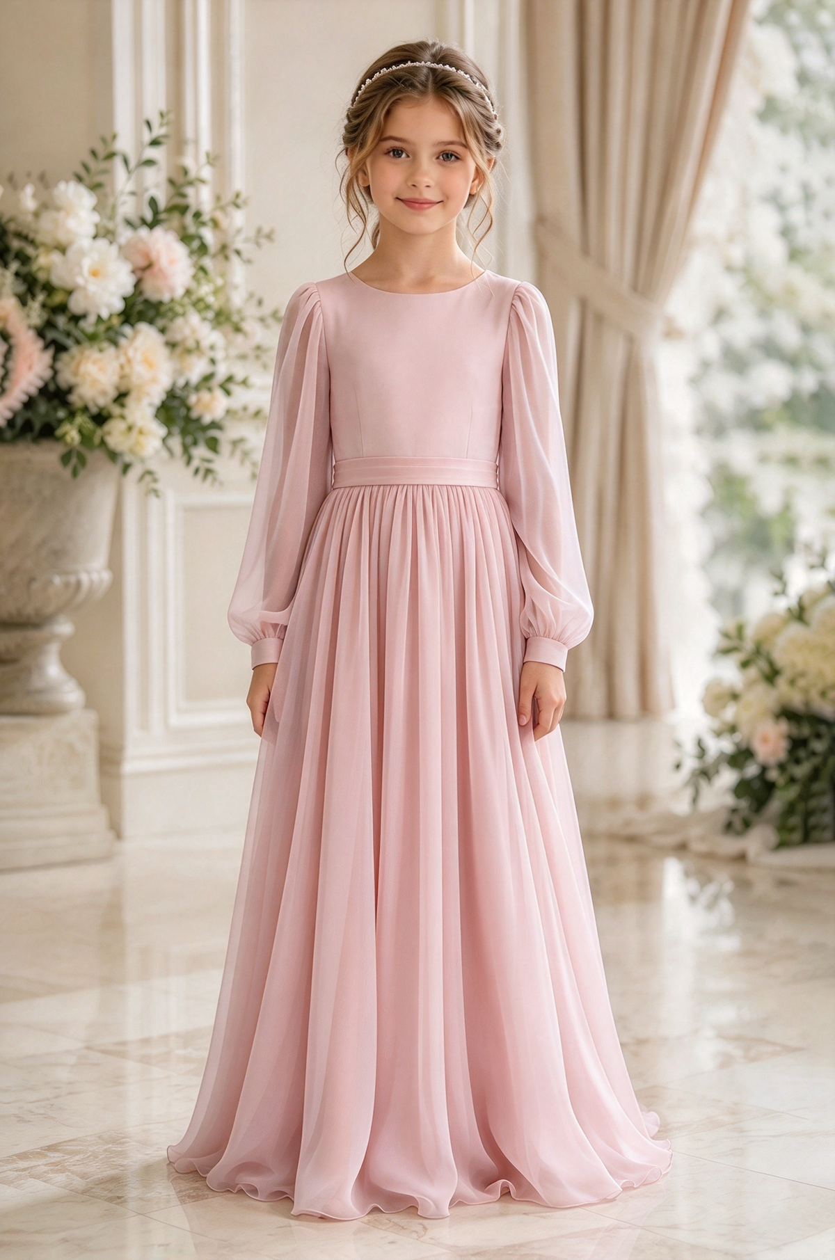 Dusty Blue Chiffon Puff Sleeve A-Line Flower Girl Dress