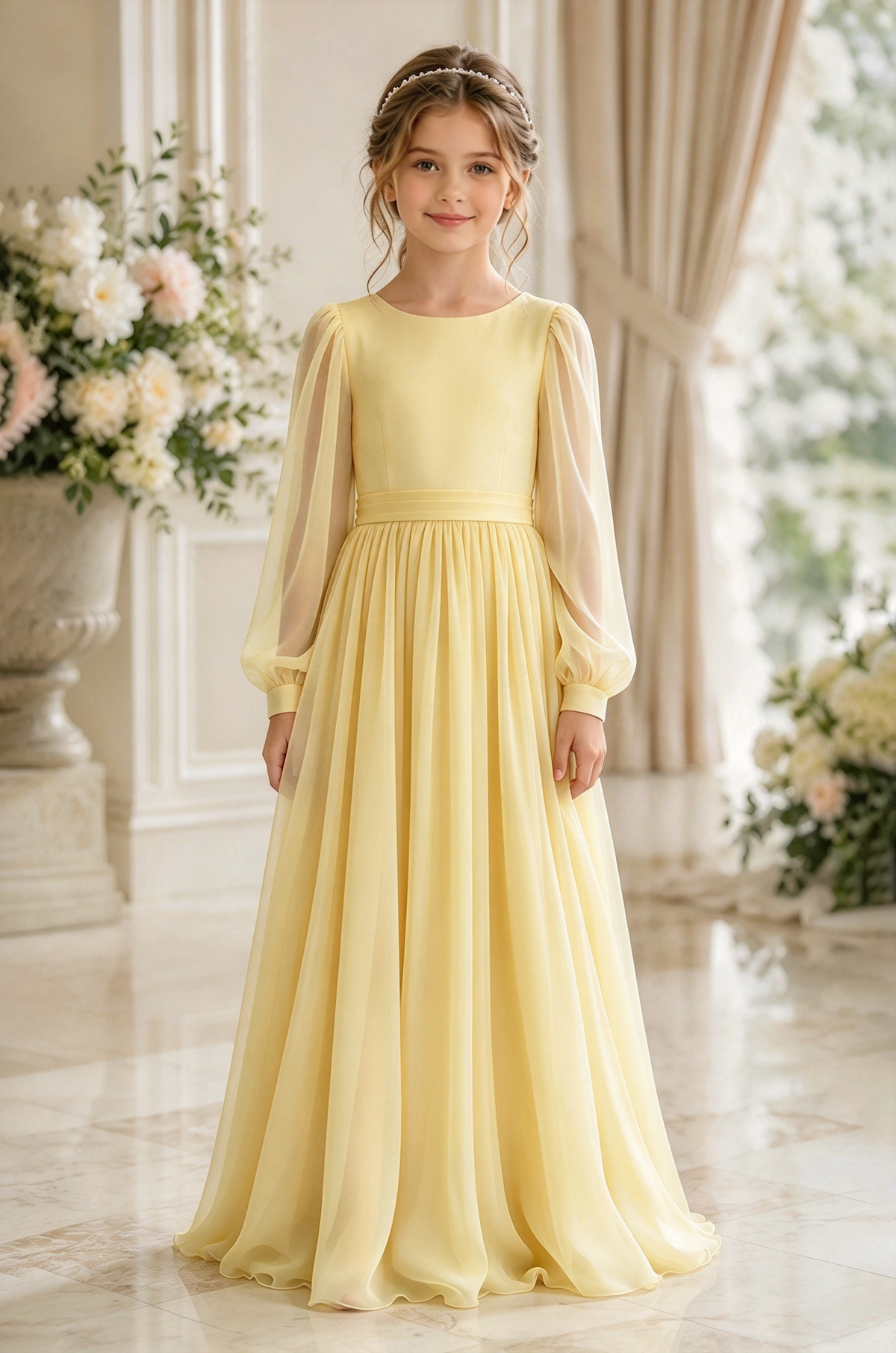 Dusty Blue Chiffon Puff Sleeve A-Line Flower Girl Dress