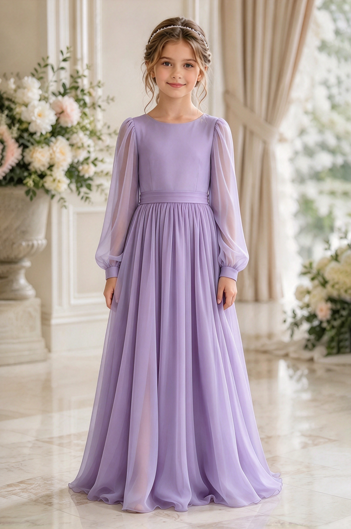 Dusty Blue Chiffon Puff Sleeve A-Line Flower Girl Dress