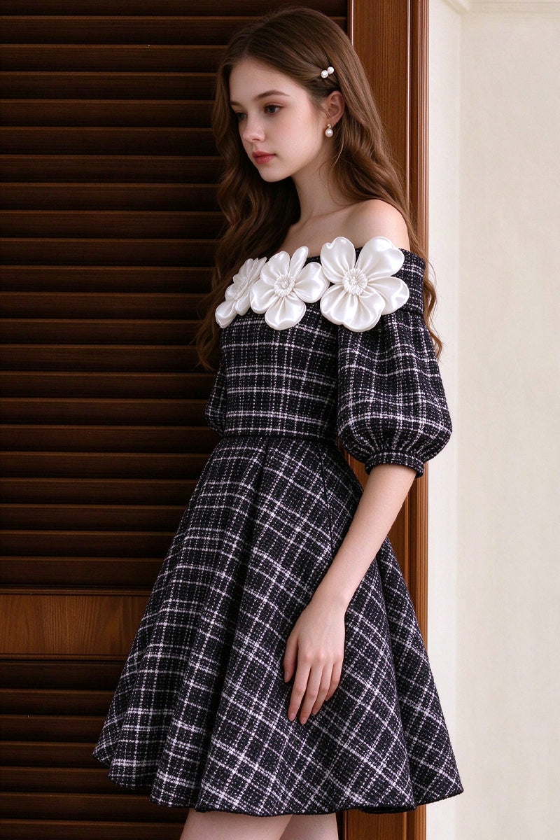 Black And White Tweed A-line Flower Girl Dress