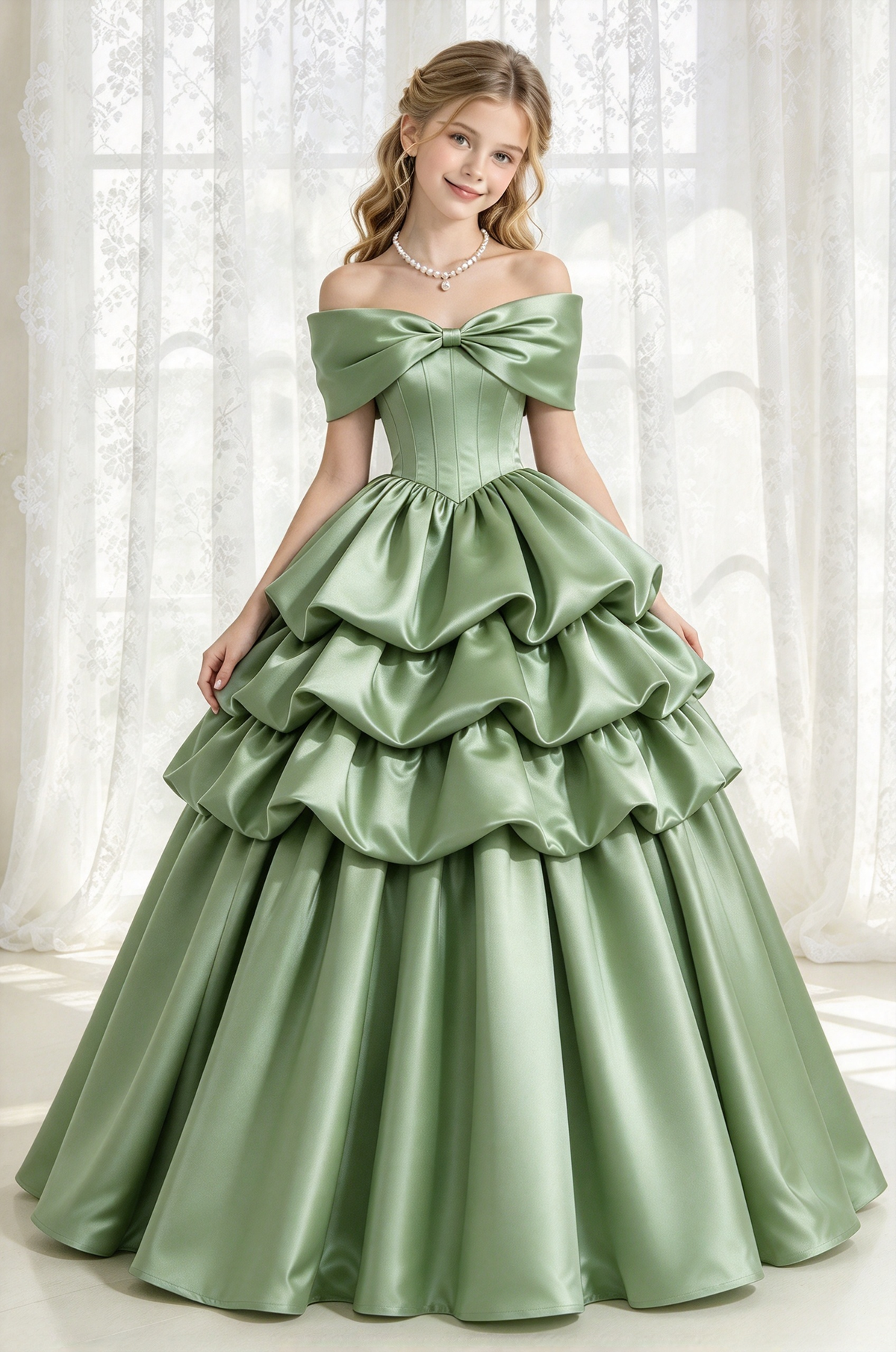 Burgundy Satin Off Shoulder Bow Tiered Cake A-Line Dress