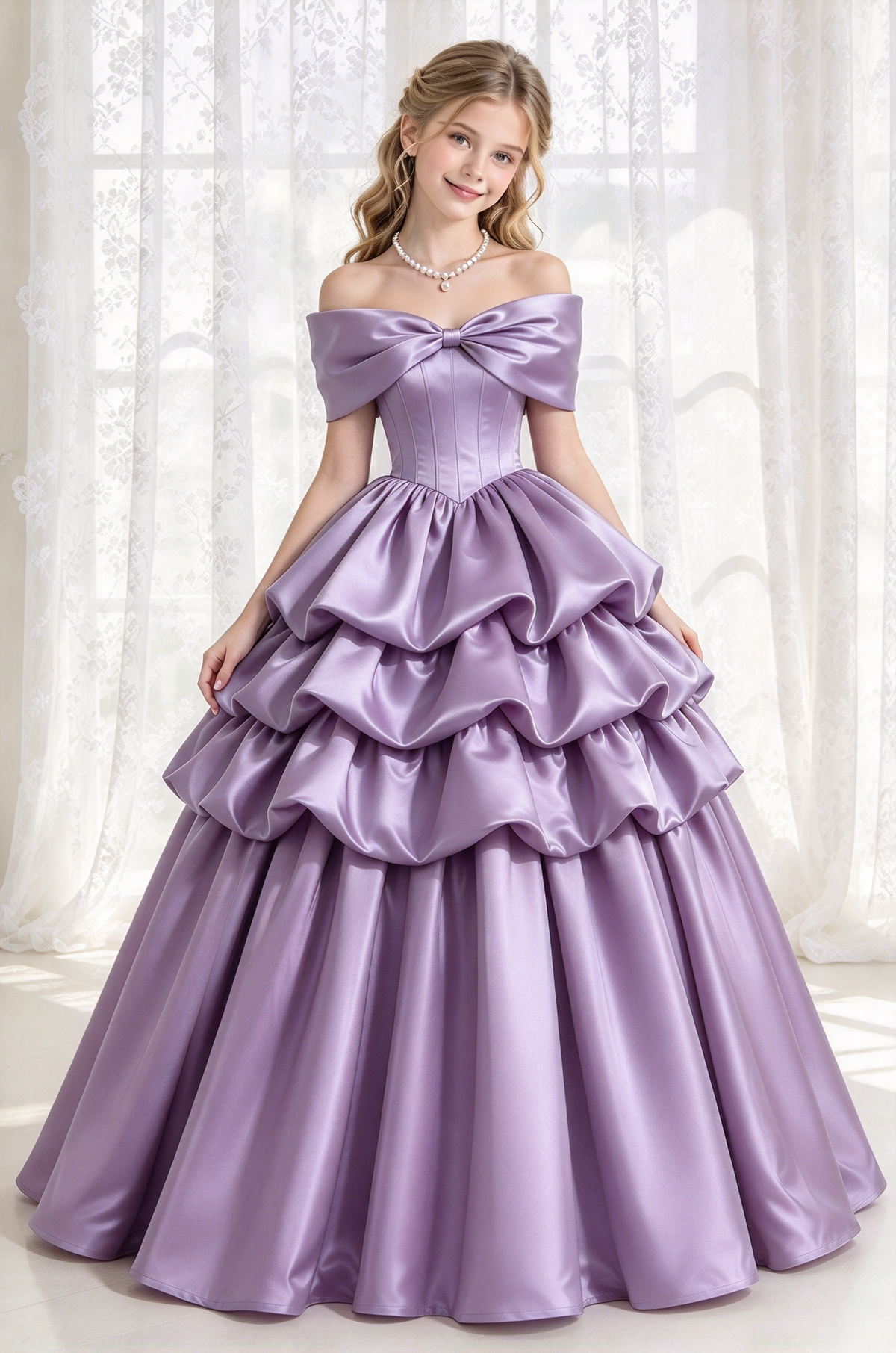Burgundy Satin Off Shoulder Bow Tiered Cake A-Line Dress