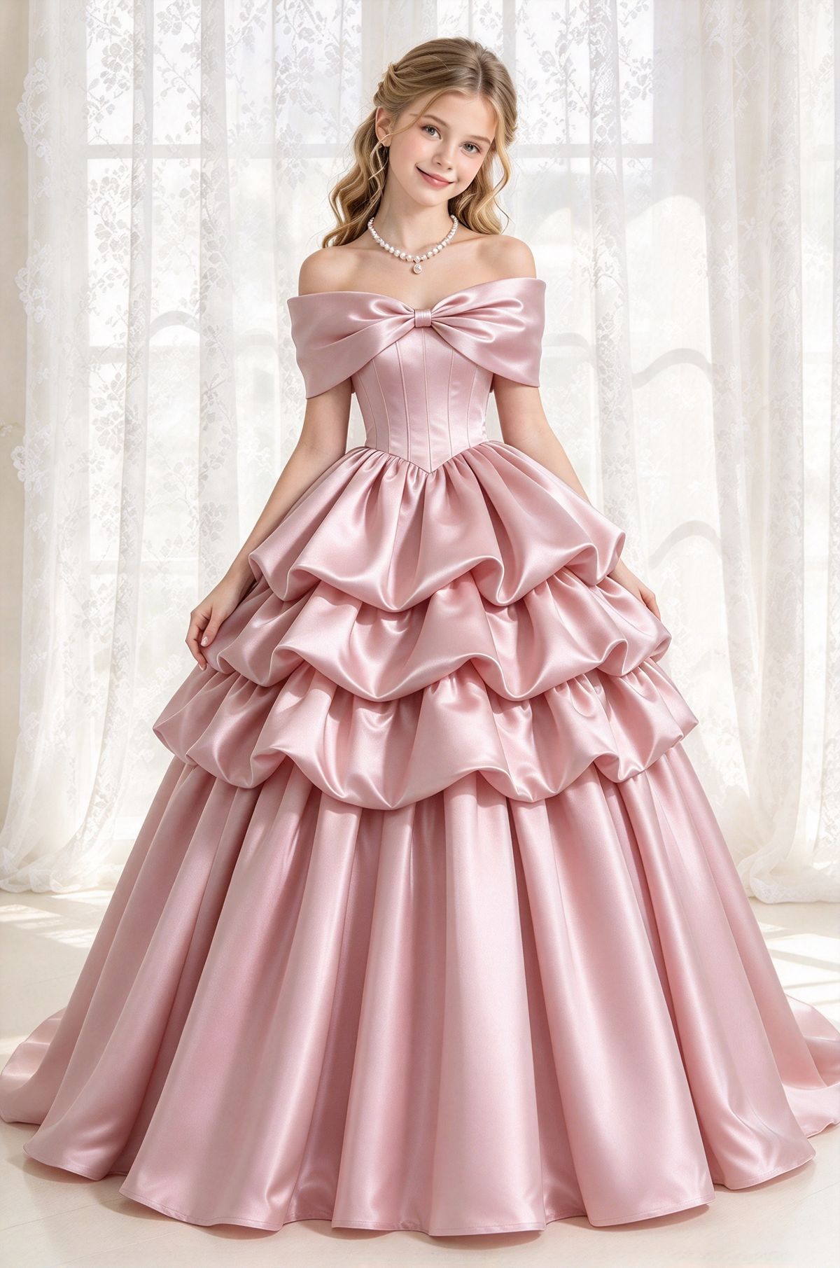 Burgundy Satin Off Shoulder Bow Tiered Cake A-Line Dress