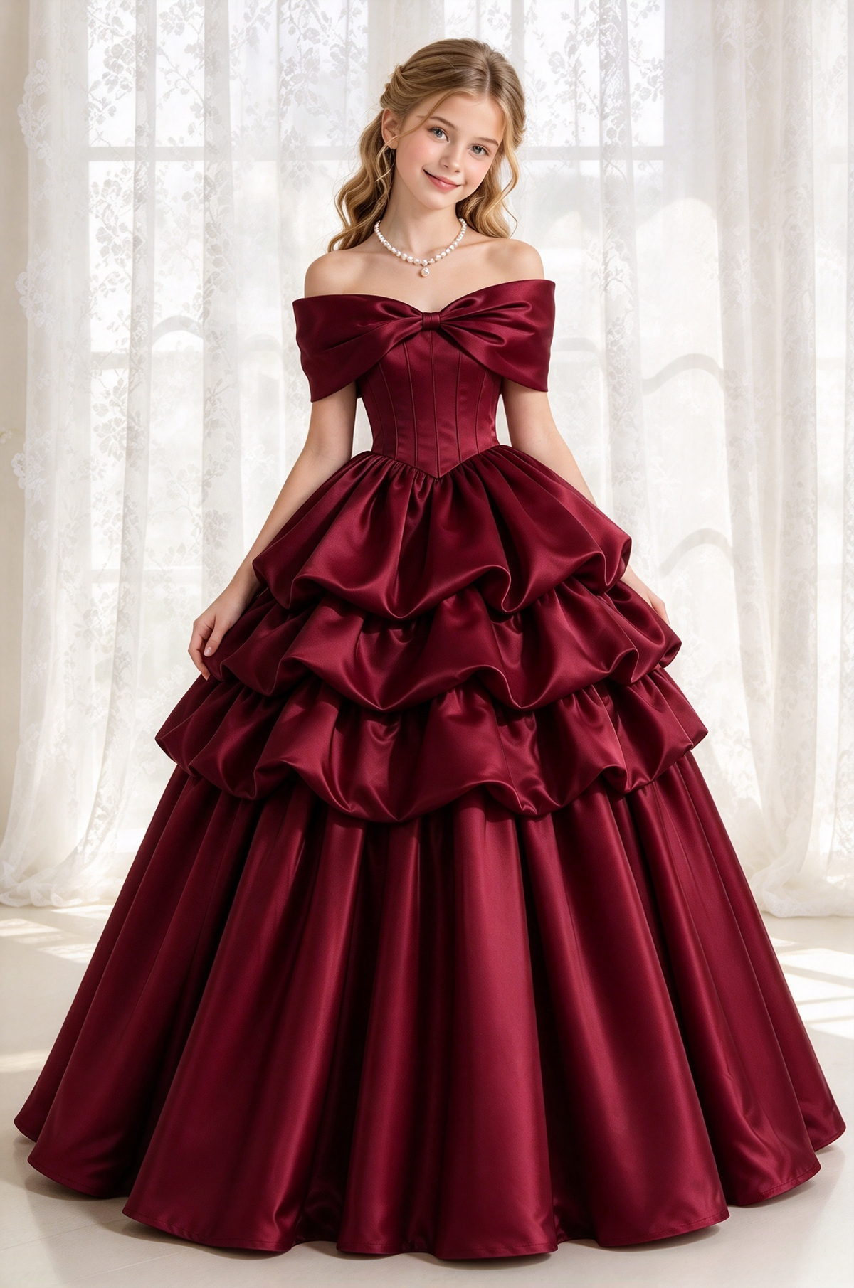 Burgundy Satin Off Shoulder Bow Tiered Cake A-Line Dress
