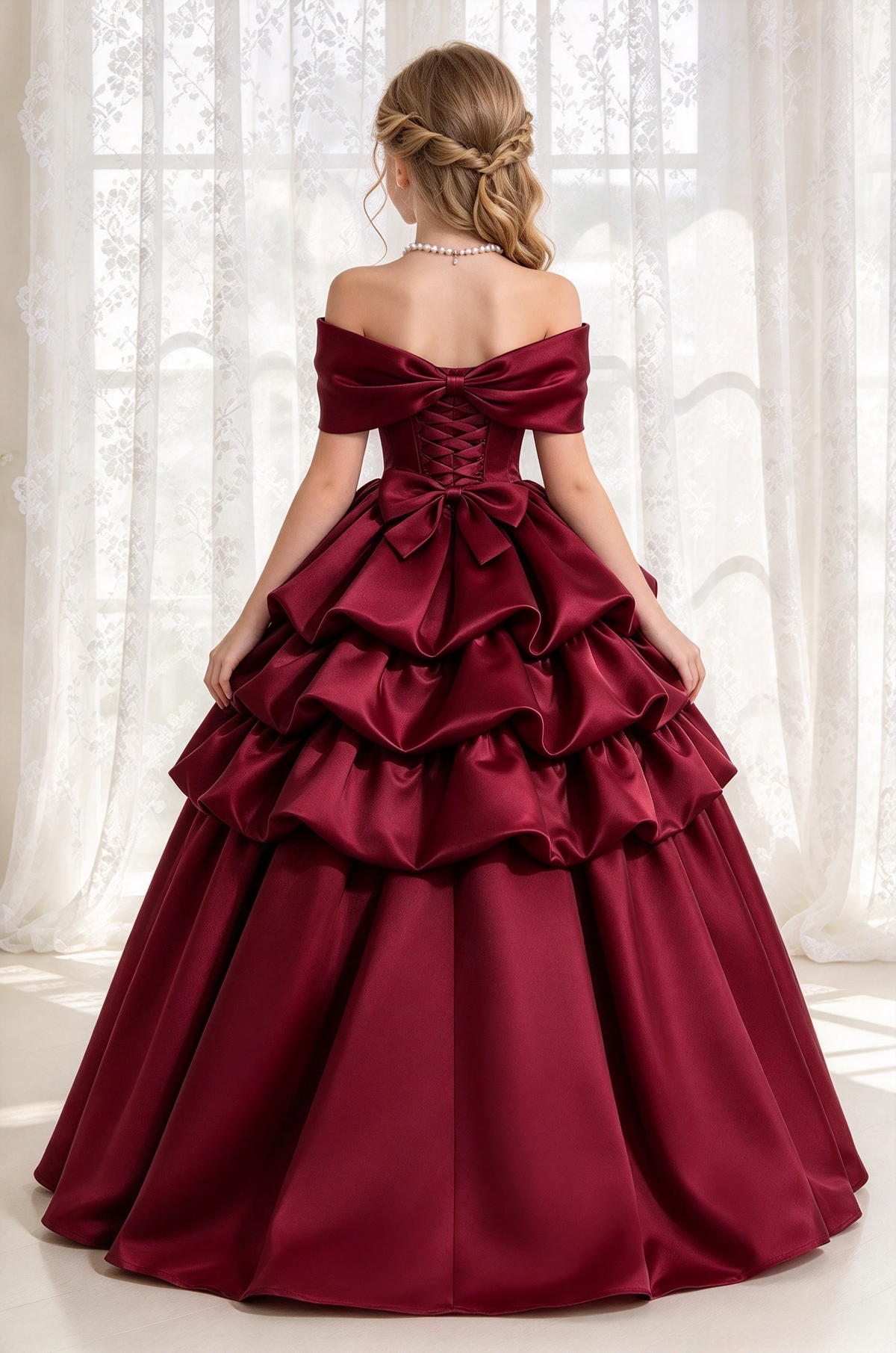 Burgundy Satin Off Shoulder Bow Tiered Cake A-Line Dress