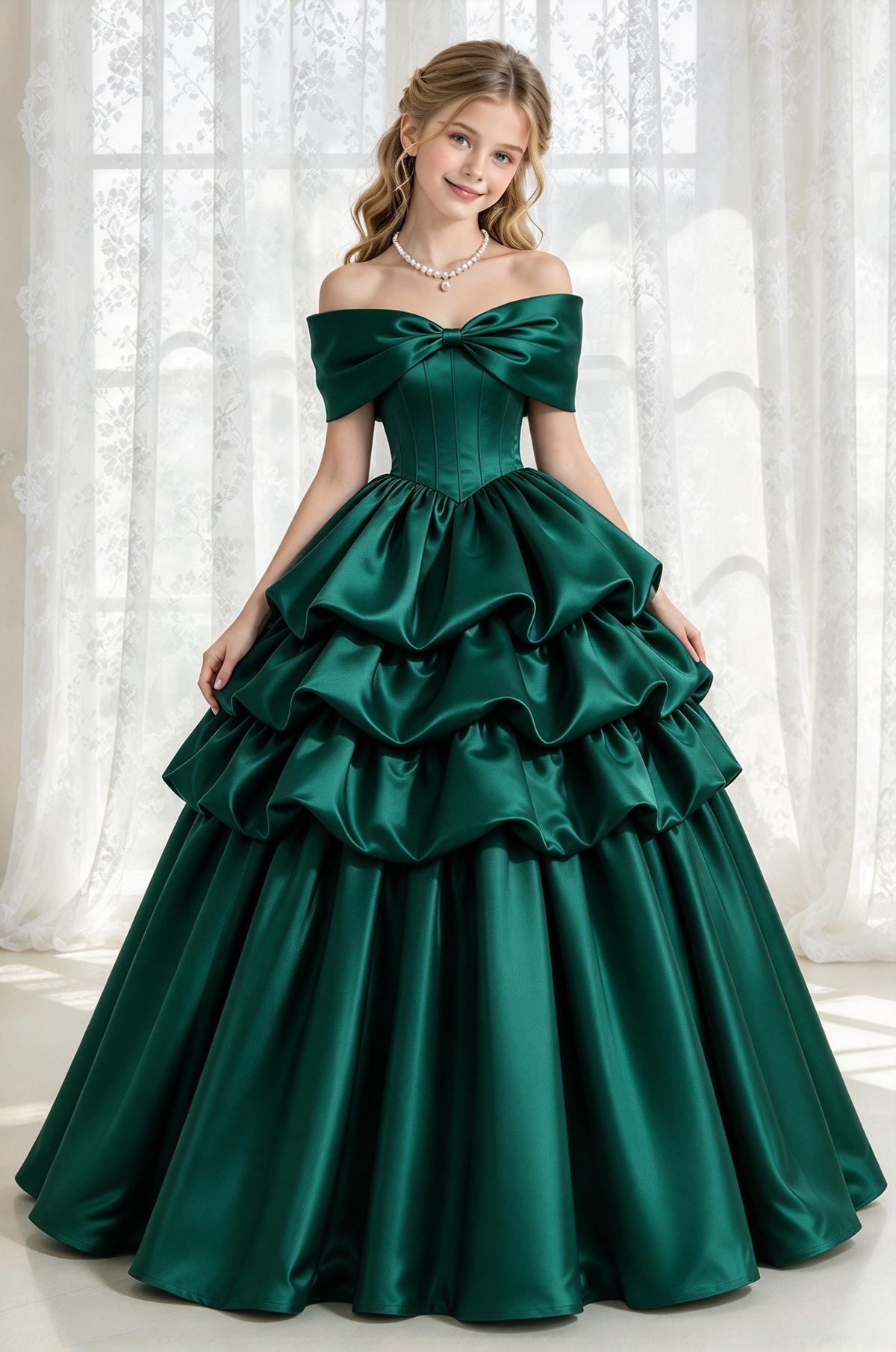 Burgundy Satin Off Shoulder Bow Tiered Cake A-Line Dress