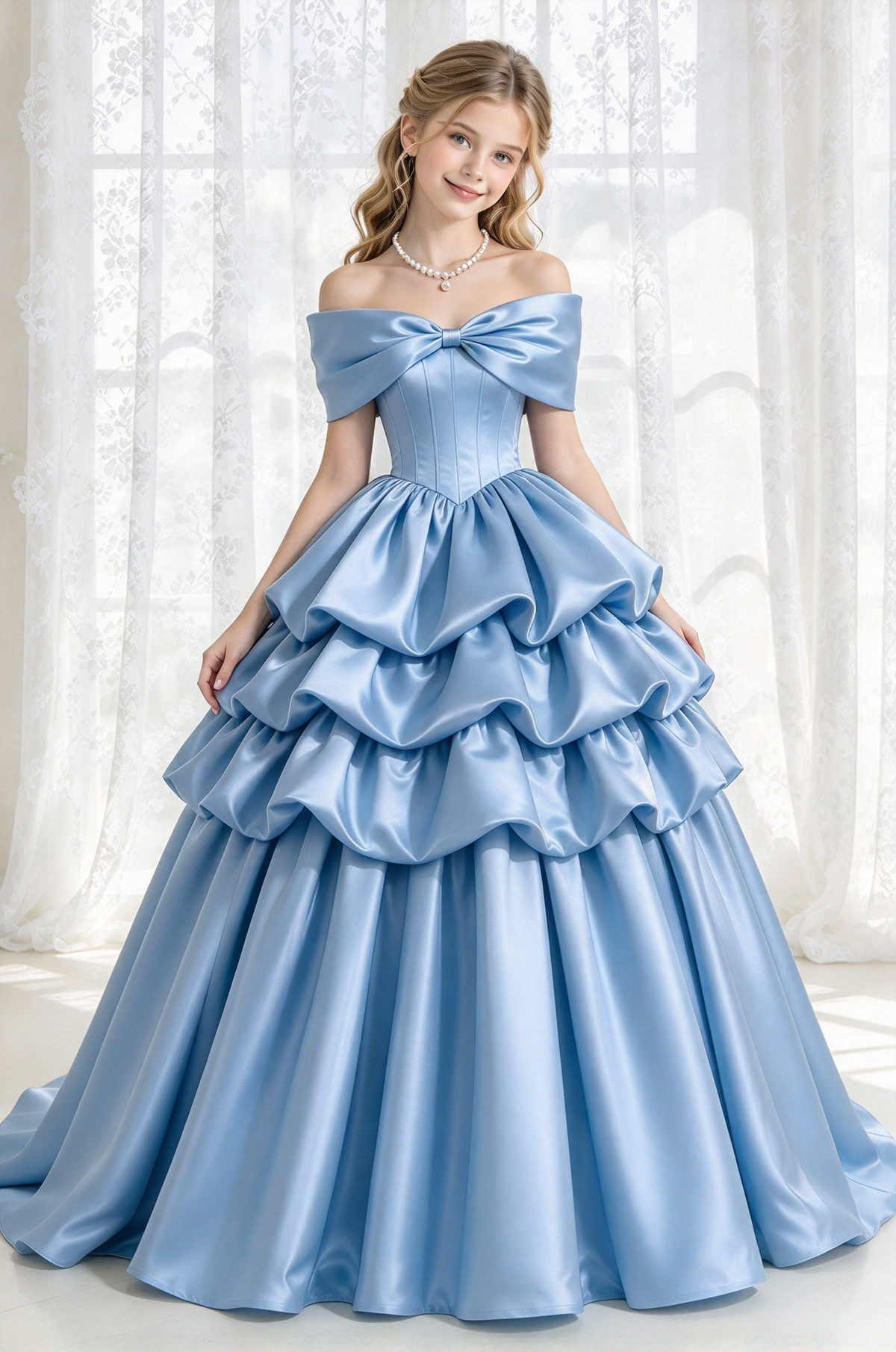 Burgundy Satin Off Shoulder Bow Tiered Cake A-Line Dress