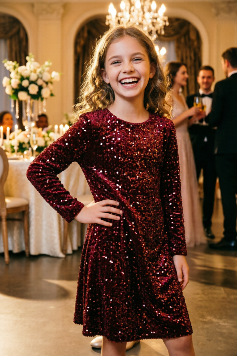 Light Pink Sequin Velvet Long Sleeve A-Line Party Dress