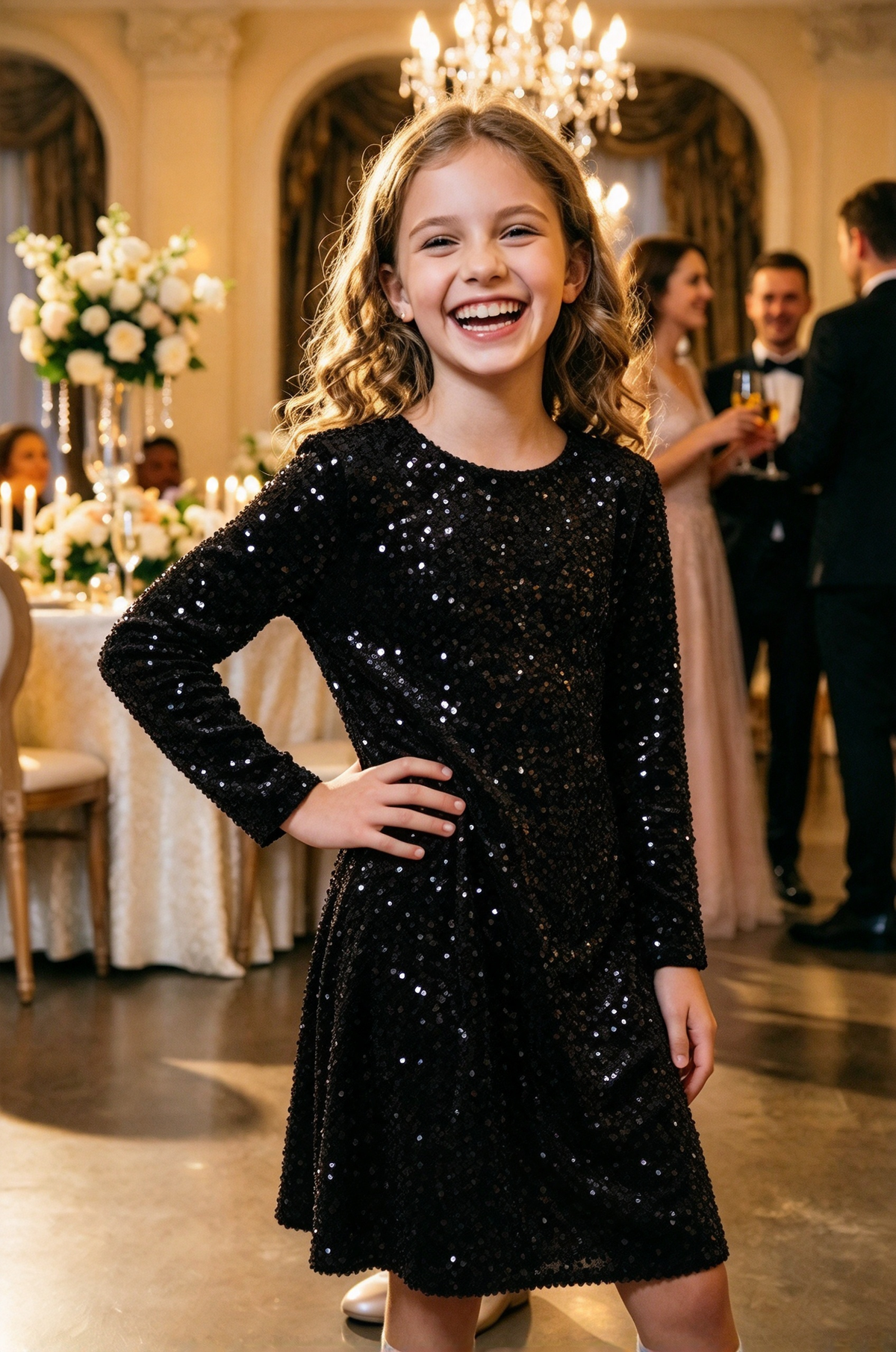 Light Pink Sequin Velvet Long Sleeve A-Line Party Dress