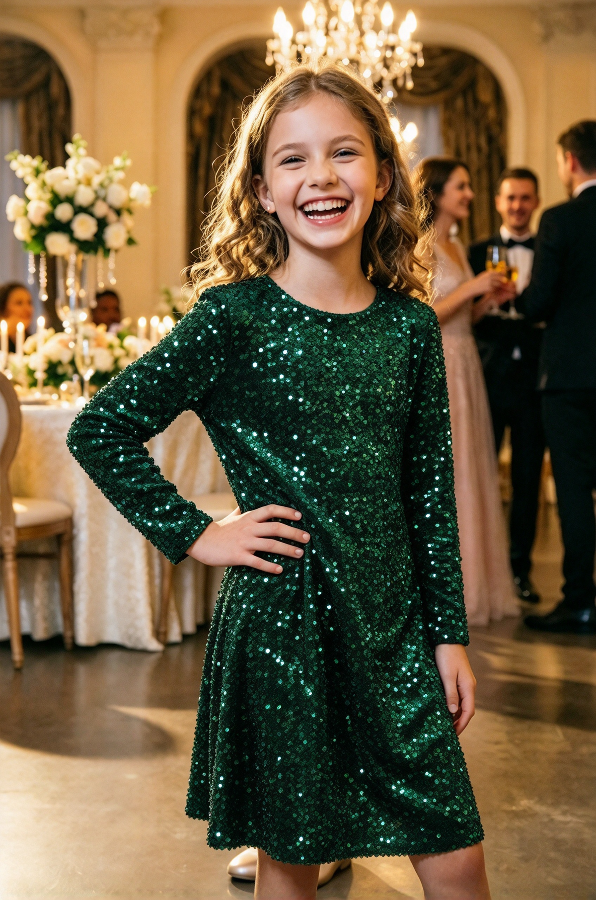 Light Pink Sequin Velvet Long Sleeve A-Line Party Dress