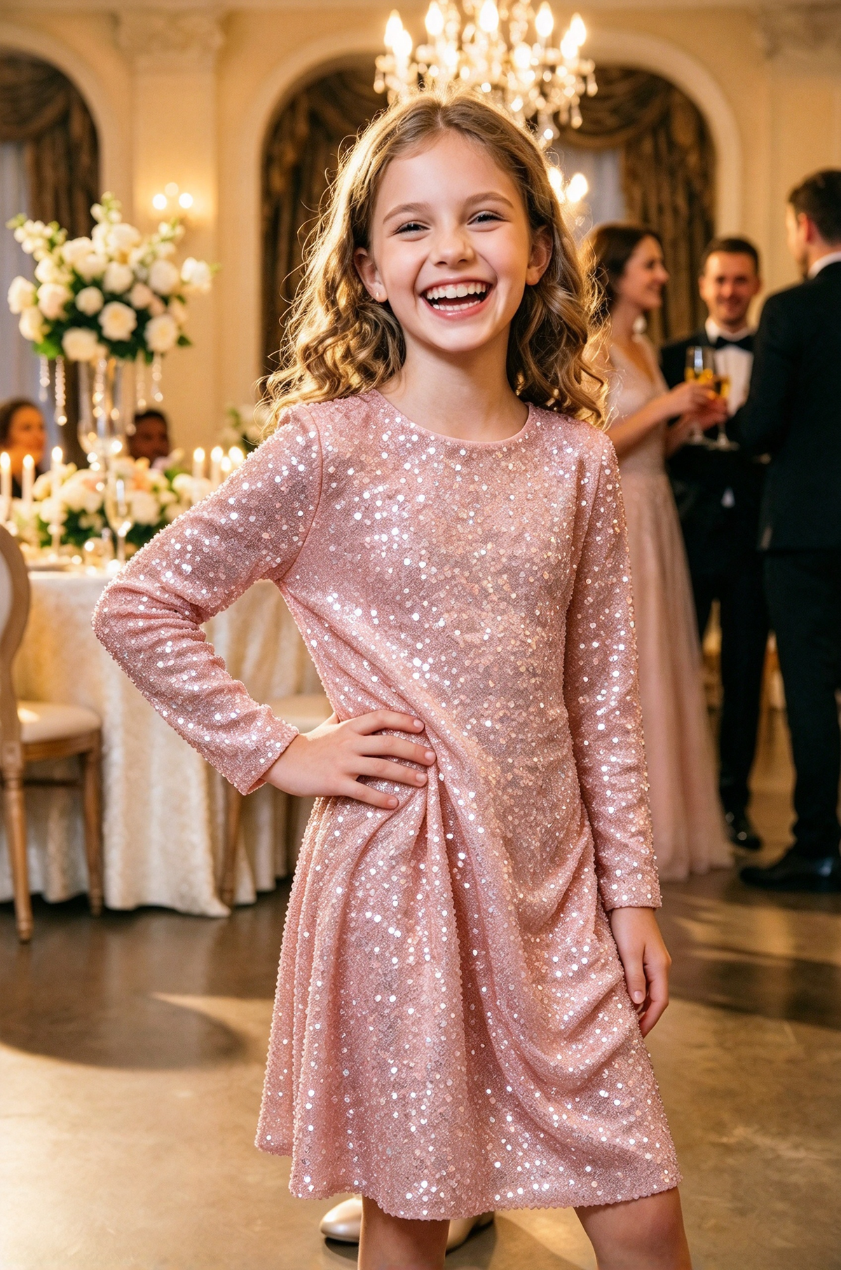 Light Pink Sequin Velvet Long Sleeve A-Line Party Dress