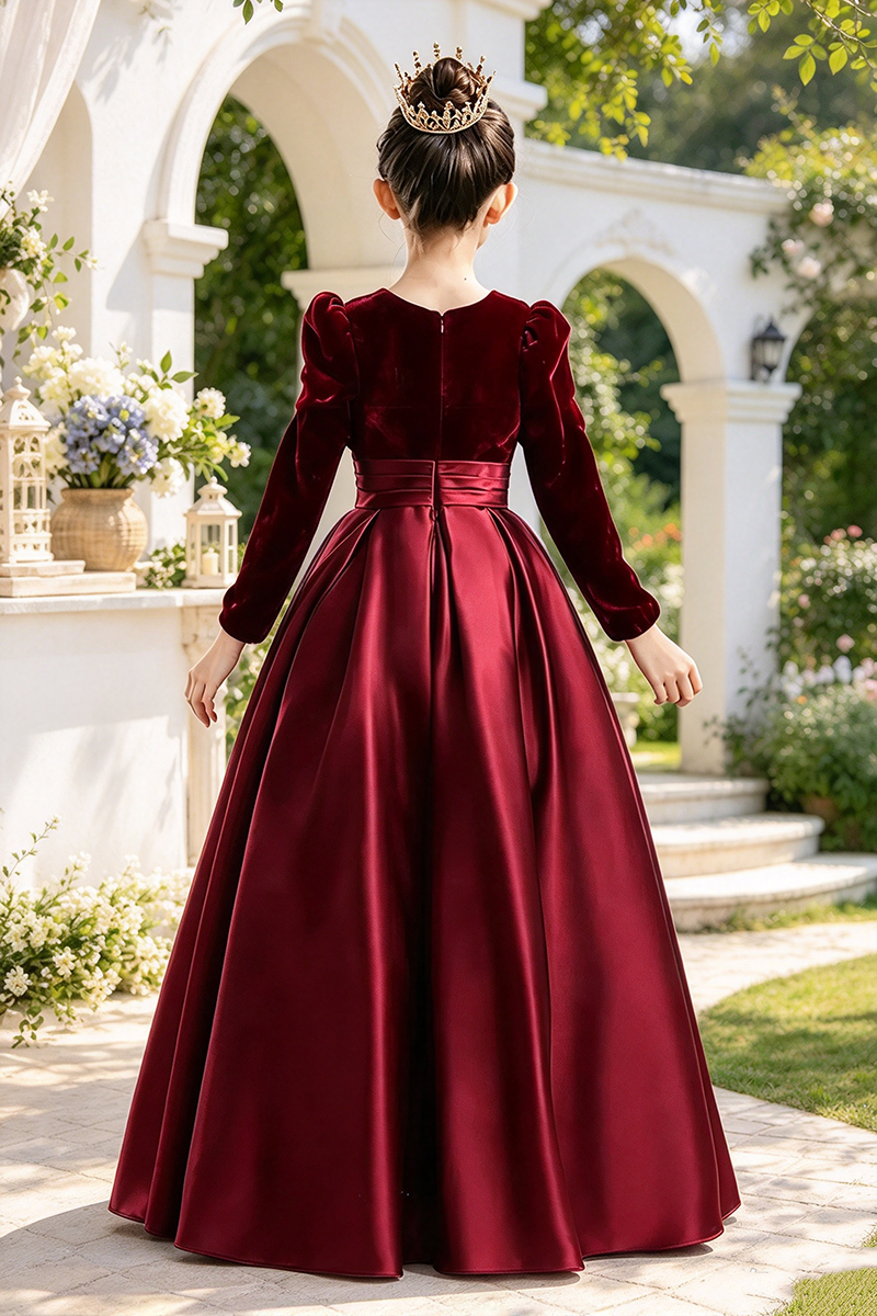 Girls Burgundy Velvet Sati Dress