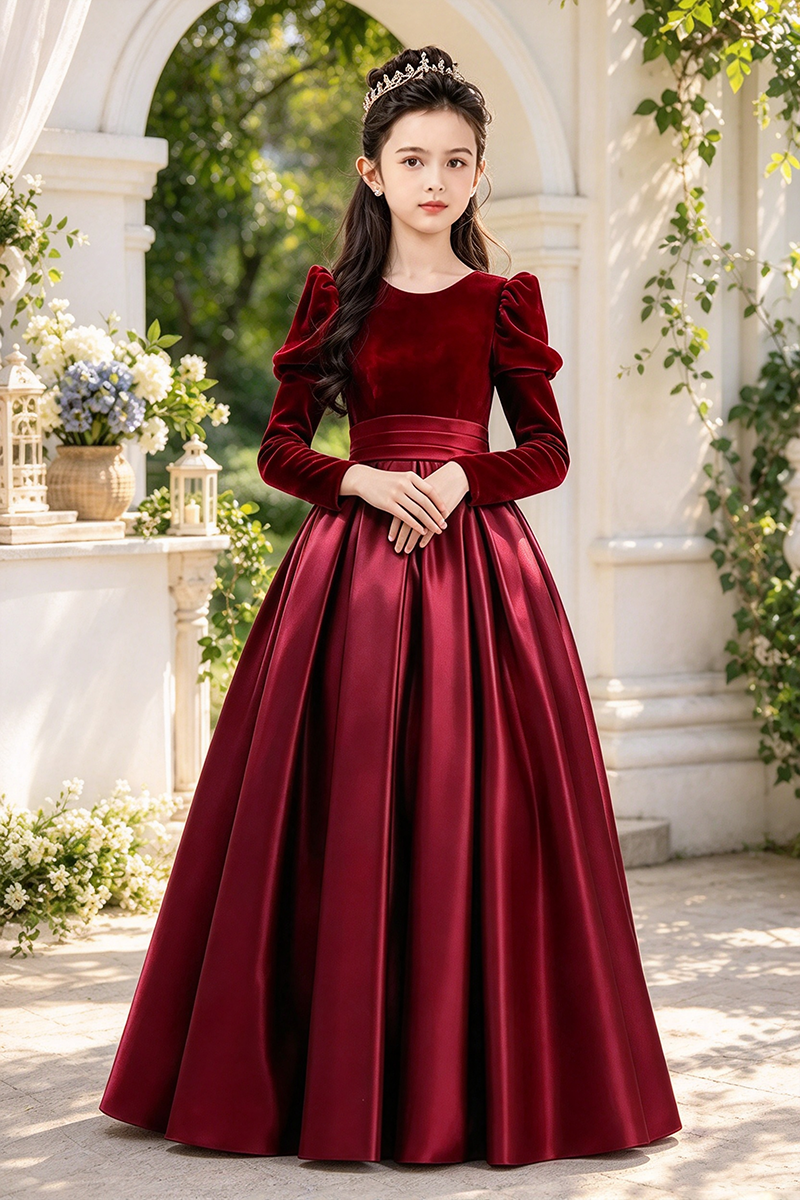 Girls Burgundy Velvet Sati Dress