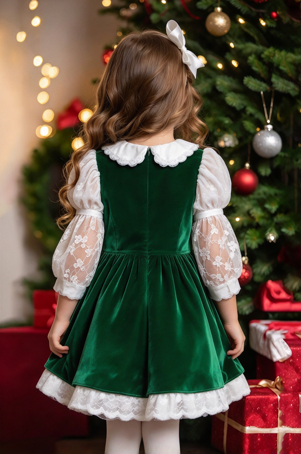 Dark Green Velvet Lace Puff Sleeve A-Line Christmas Dress