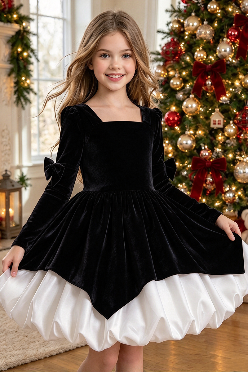 Girls Burgundy Velvet Dress with Contrast White Skirt