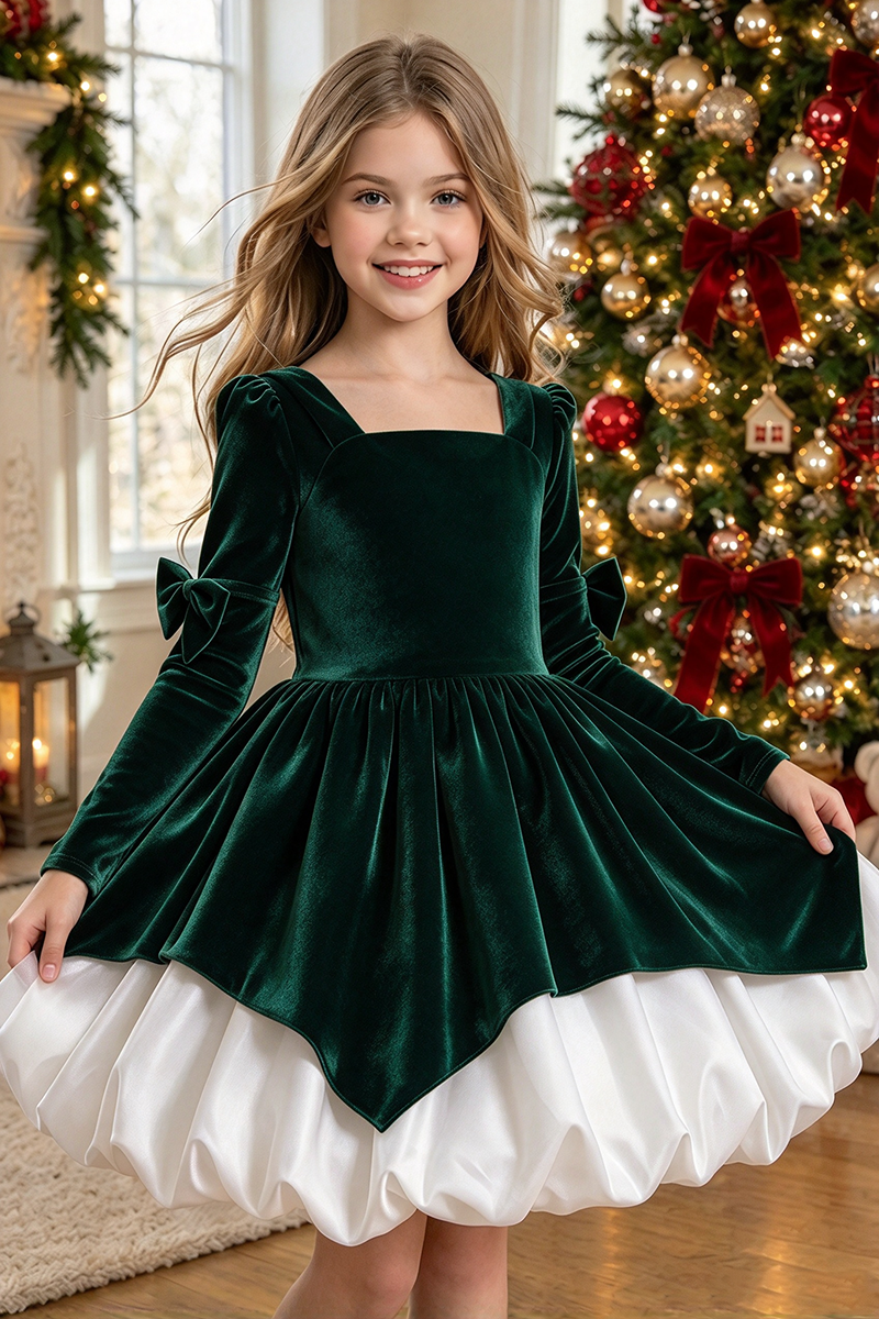 Girls Burgundy Velvet Dress with Contrast White Skirt