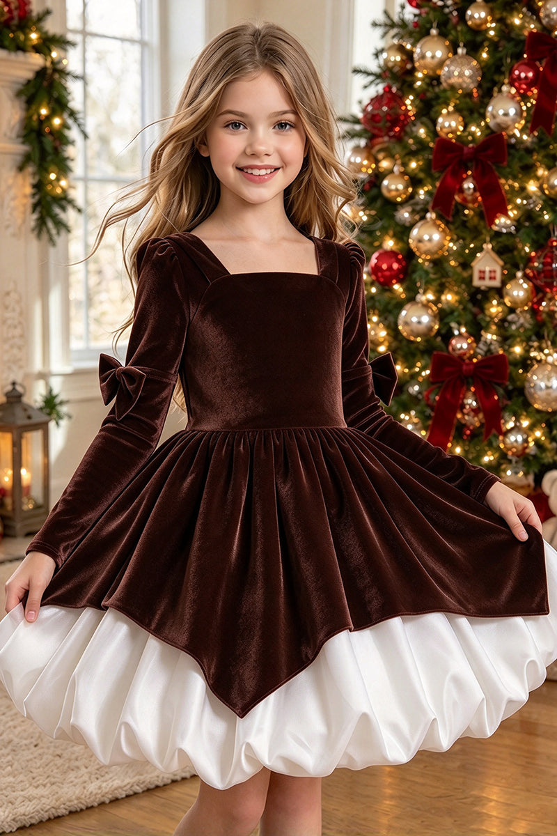 Girls Burgundy Velvet Dress with Contrast White Skirt